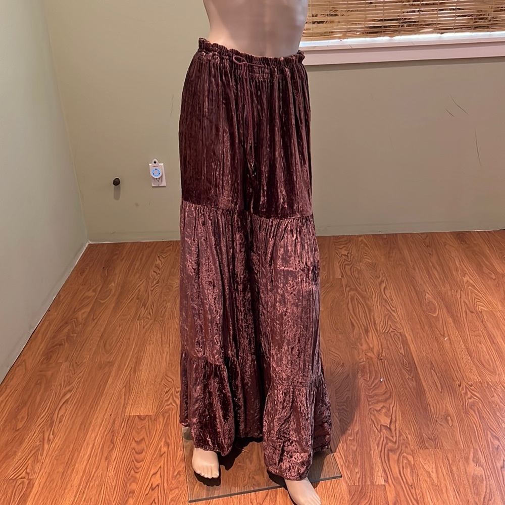 Indira Brown Crushed Velvet Maxi Bohemian Skirt W/ Elastic Drawstring Waist S